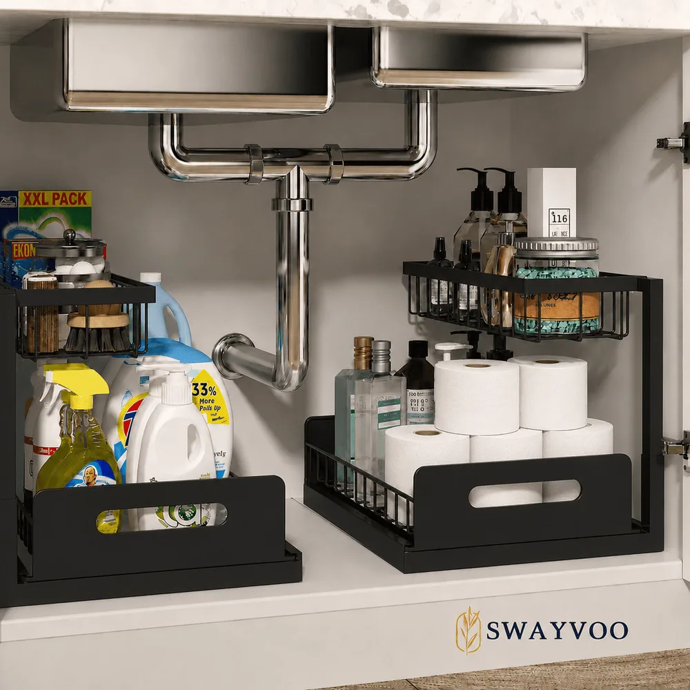Under Sink Organizer 2 Pack — 2-Tier Adjustable Sliding Under Sink Storage for Bathroom & Kitchen Cabinet, Pull-Out Basket Organizer, Black