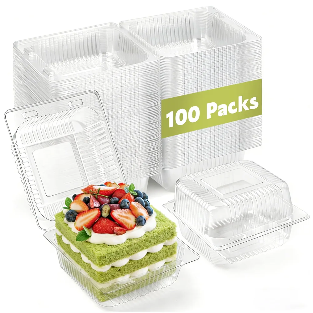 100 Pack Clear Plastic Take Out Containers with Lids, Disposable Clamshell To Go Containers, Square Hinged Slice Containers Boxes for Cake, Hamburger, Salad, Pastry, Sandwiches, BPA Free